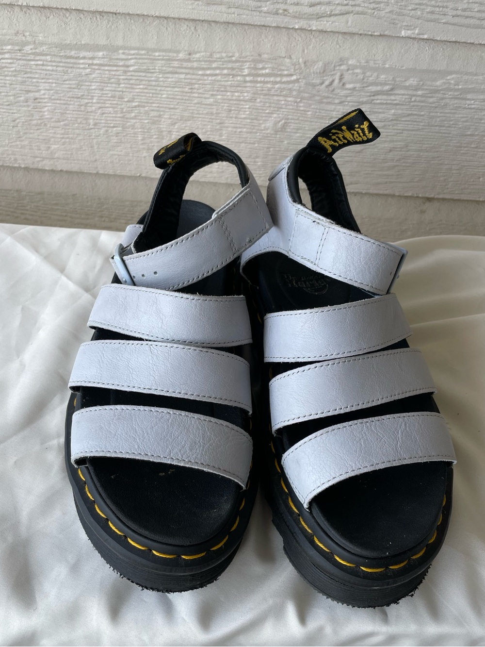 Woman’s Dr. Martens Blaire Platform Sandals | Light Grey and Black | US 5
